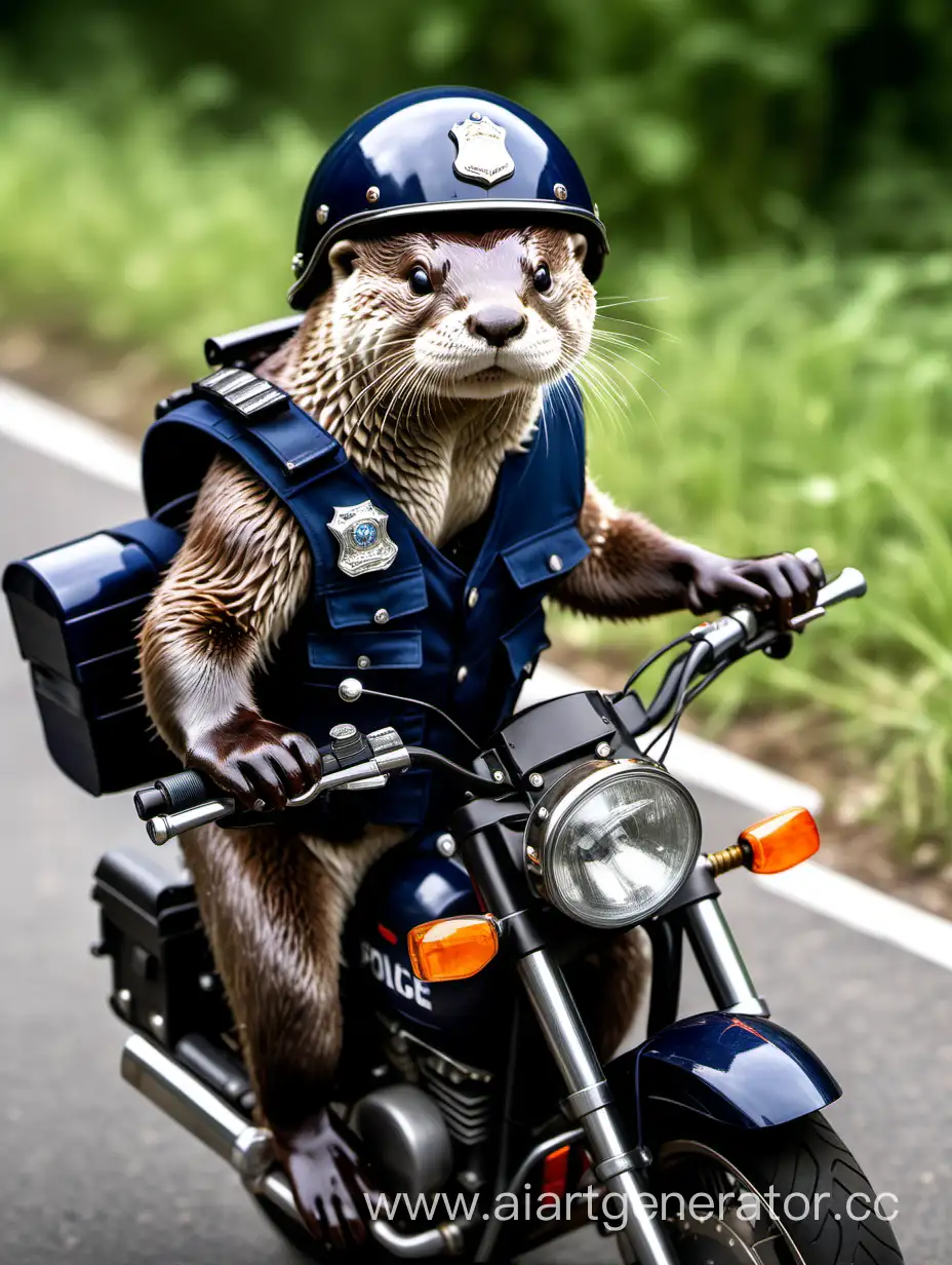 A serious otter works for the police and rushes on a cool motorcycle, wearing an armored vest and a helmet

