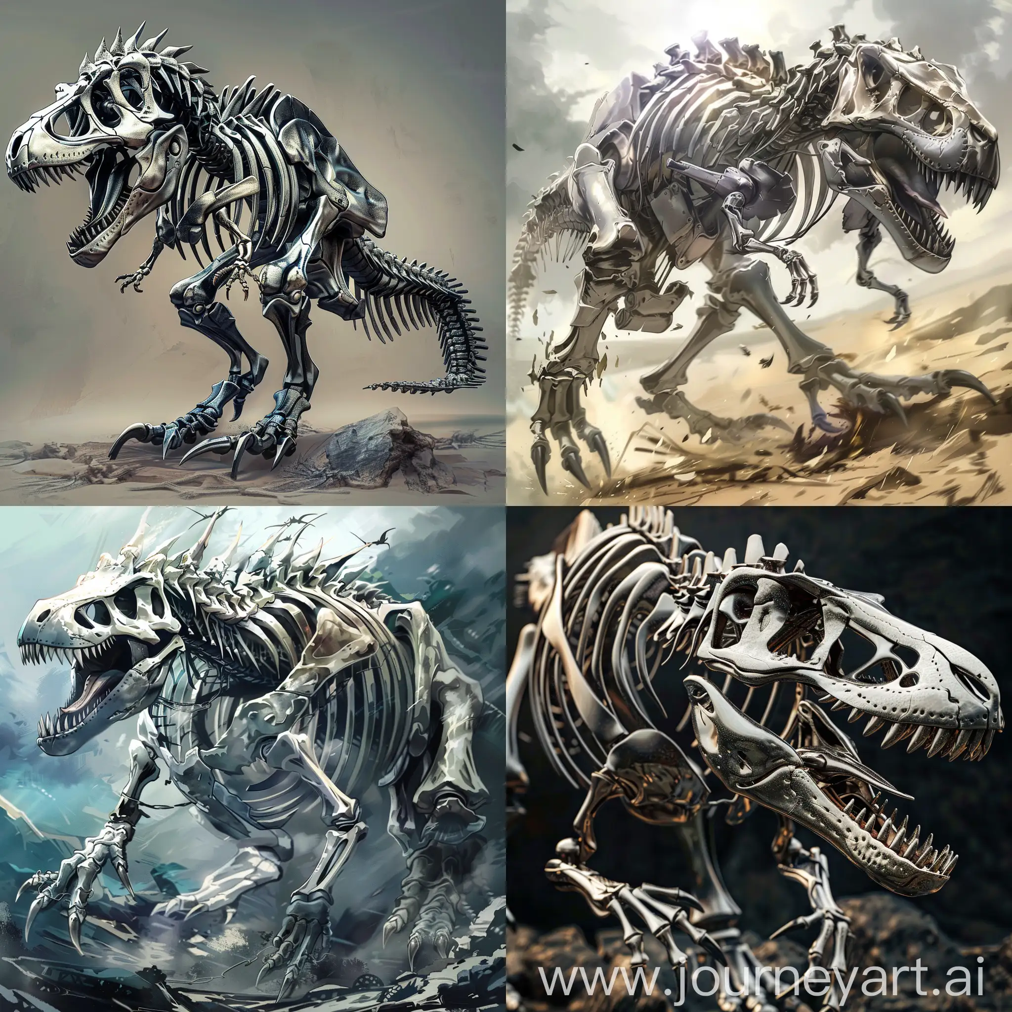 An anime style terrifying, powerful and giant metal silver tyranosaurus bones monster.