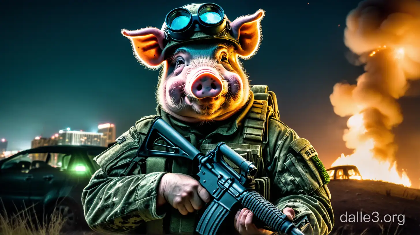 Generate strong brutal furry humanised pig dressed in field uniform of the Ukrainian army, in us army helmet with night vision goggles holding AK-74M with burning depressive city on the background at night. Add some corpses on the background 