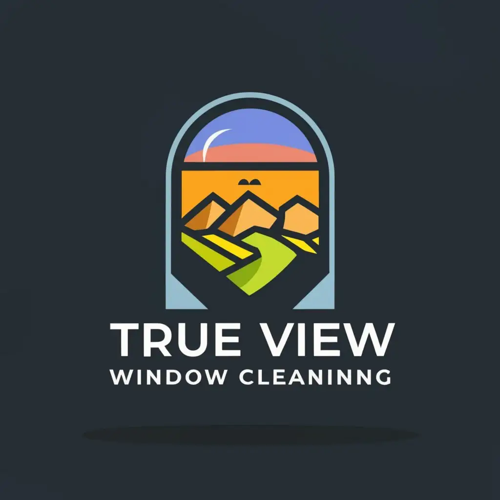 a logo design,with the text "True 
View 
Window 
Cleaning", main symbol:Windows
Hills,Moderate,clear background