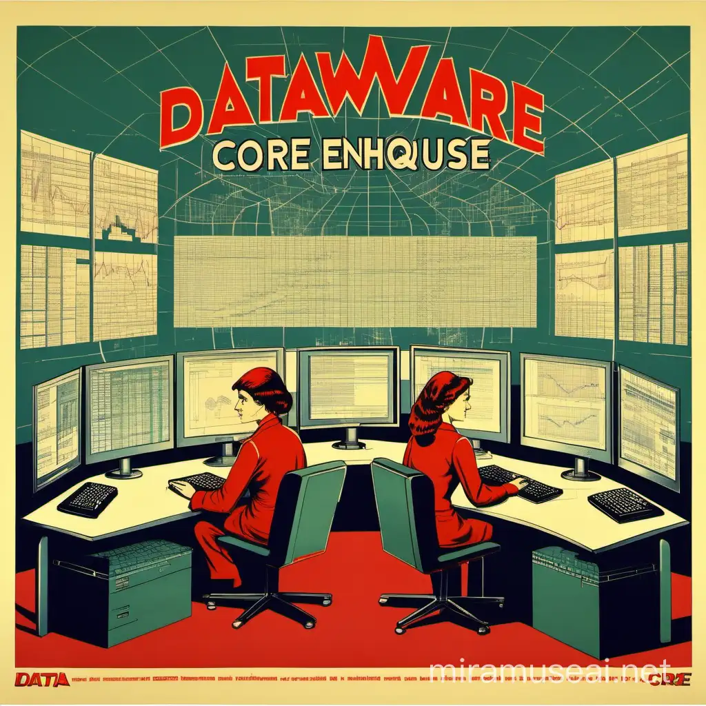soviet-style naive propaganda poster with data engineers, both male and female. they use computers. Graphs and database tables are visible. "Datawarehouse Core" is written on a banner.