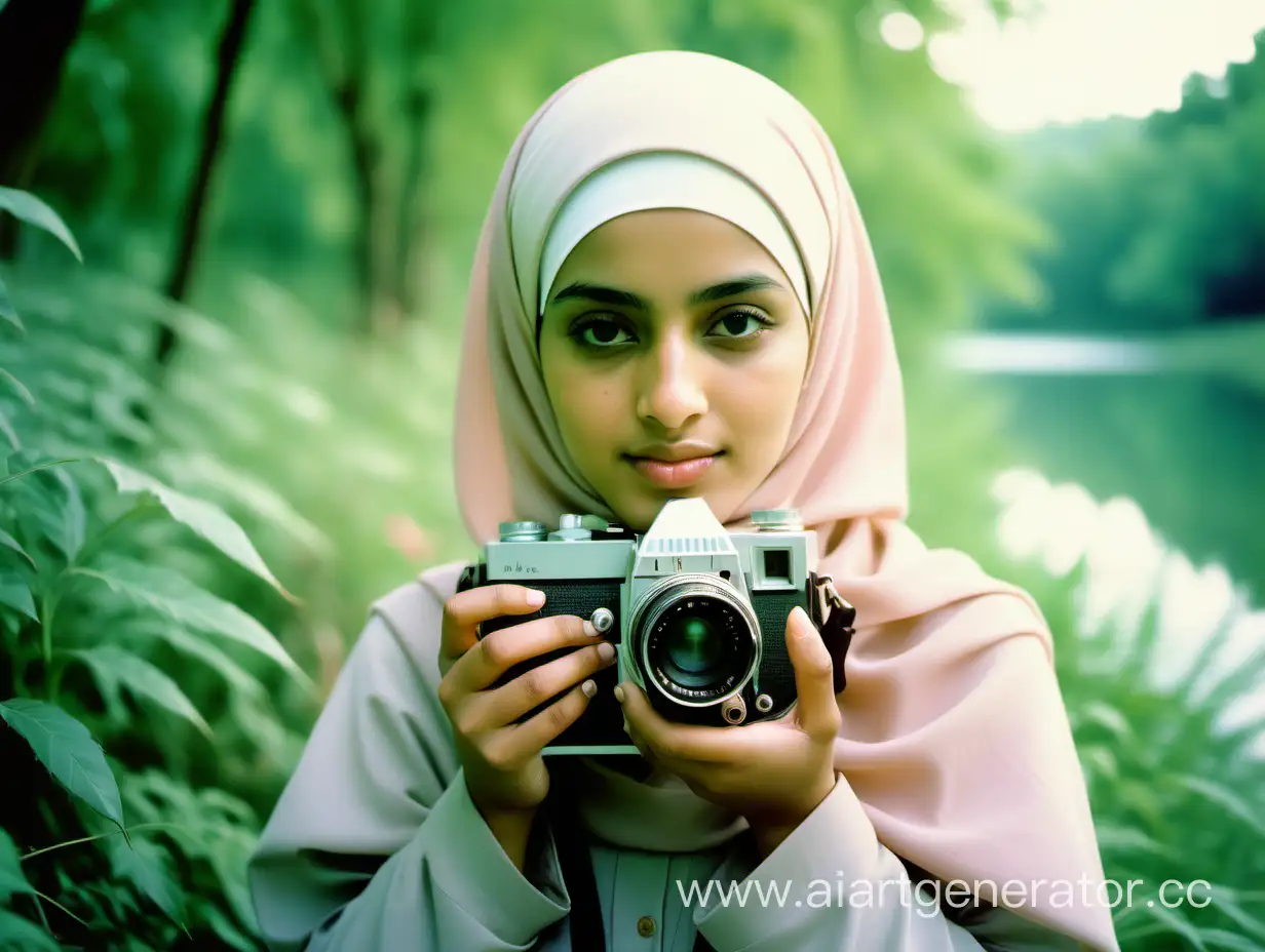 A young muslim woman wearing jilbab, immersed in the beauty of nature, captured with a vintage film camera, soft focus, dreamy color palette, serene expression, nature-inspired, 35mm film, analog photography.
