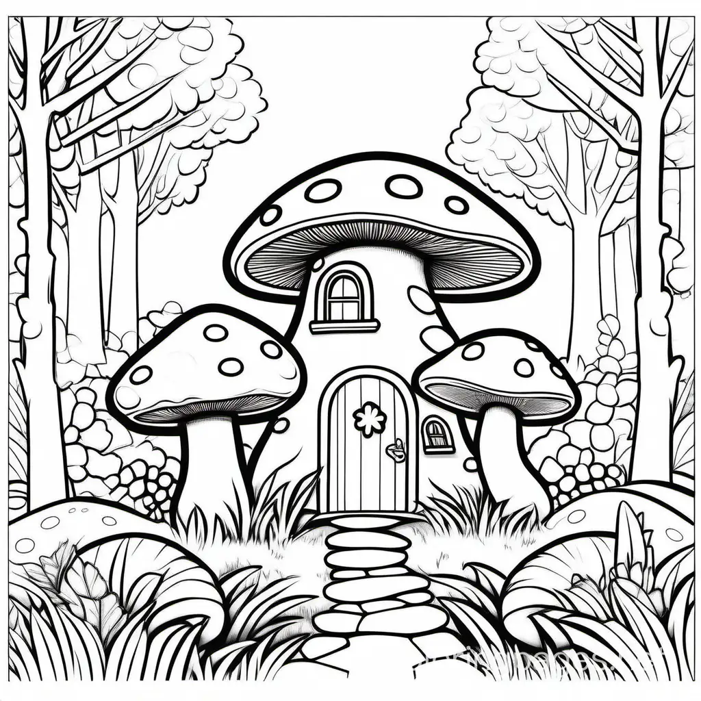 mushroom house in forest, Coloring Page, black and white, line art, white background, Simplicity, Ample White Space. The background of the coloring page is plain white to make it easy for young children to color within the lines. The outlines of all the subjects are easy to distinguish, making it simple for kids to color without too much difficulty, Coloring Page, black and white, line art, white background, Simplicity, Ample White Space. The background of the coloring page is plain white to make it easy for young children to color within the lines. The outlines of all the subjects are easy to distinguish, making it simple for kids to color without too much difficulty