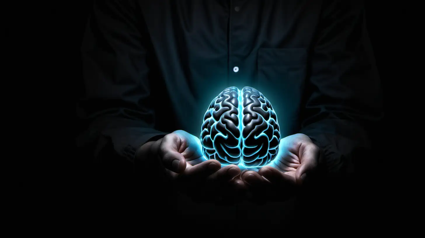 Against a profound black backdrop, a person cradles a luminous brain in their hands, symbolizing a deep commitment to brain health and cognitive well-being.