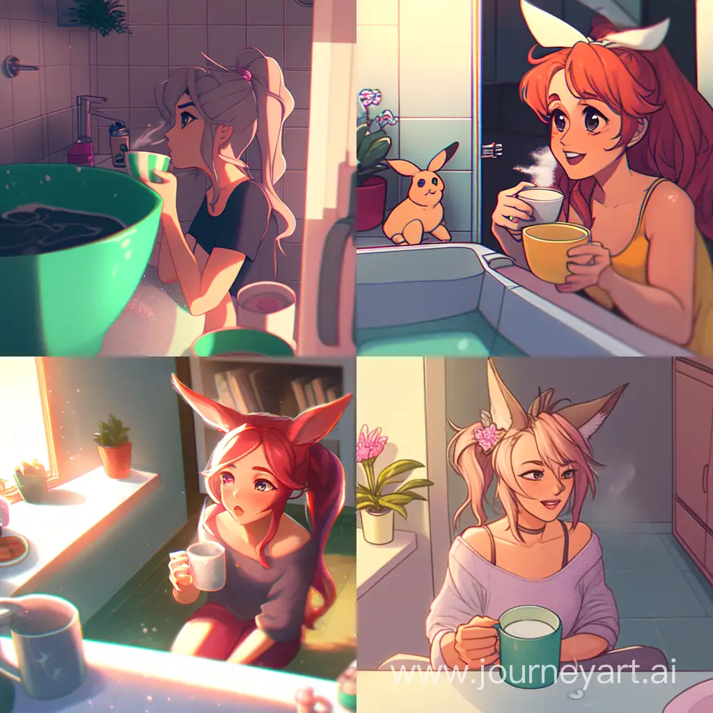 Cozy-Moment-Girl-with-Dog-Ears-Sipping-Tea-in-Bathroom