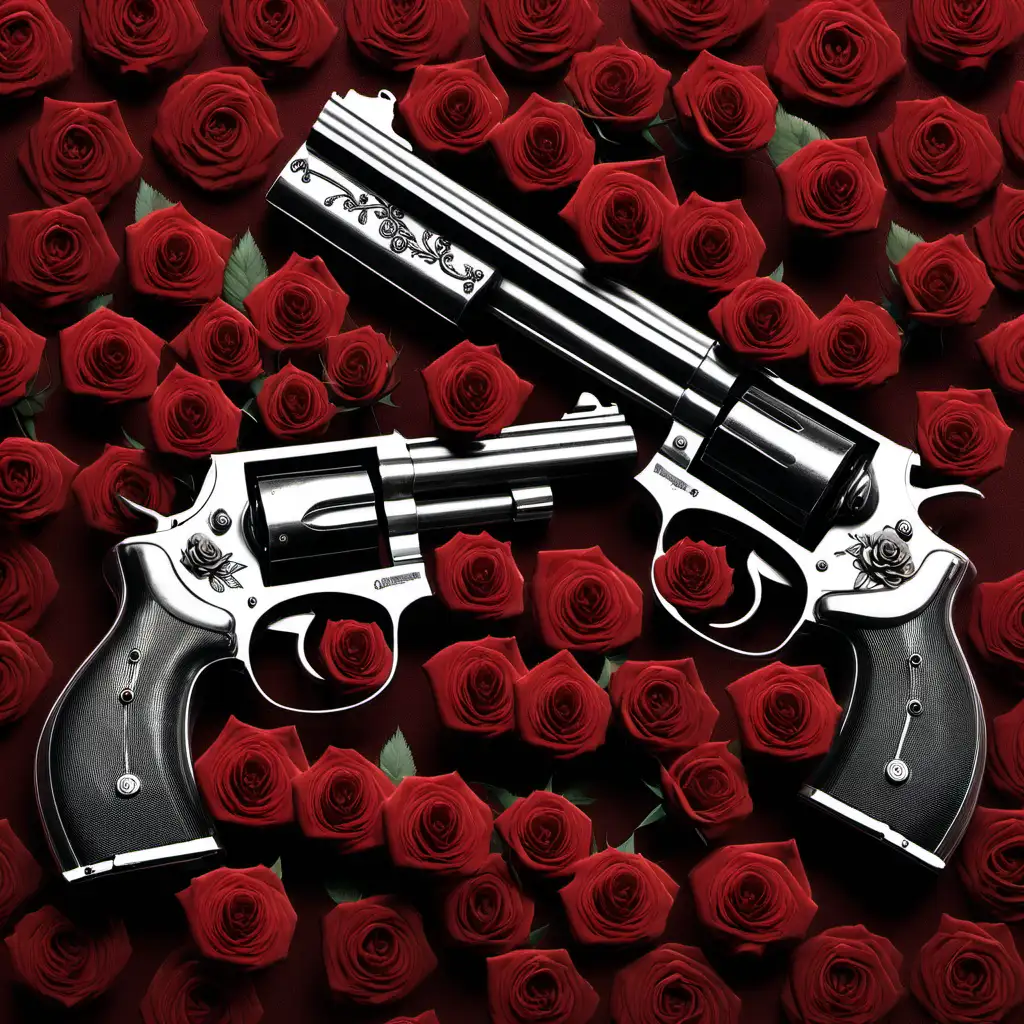 Dual Guns and Blooming Roses in Artistic Harmony