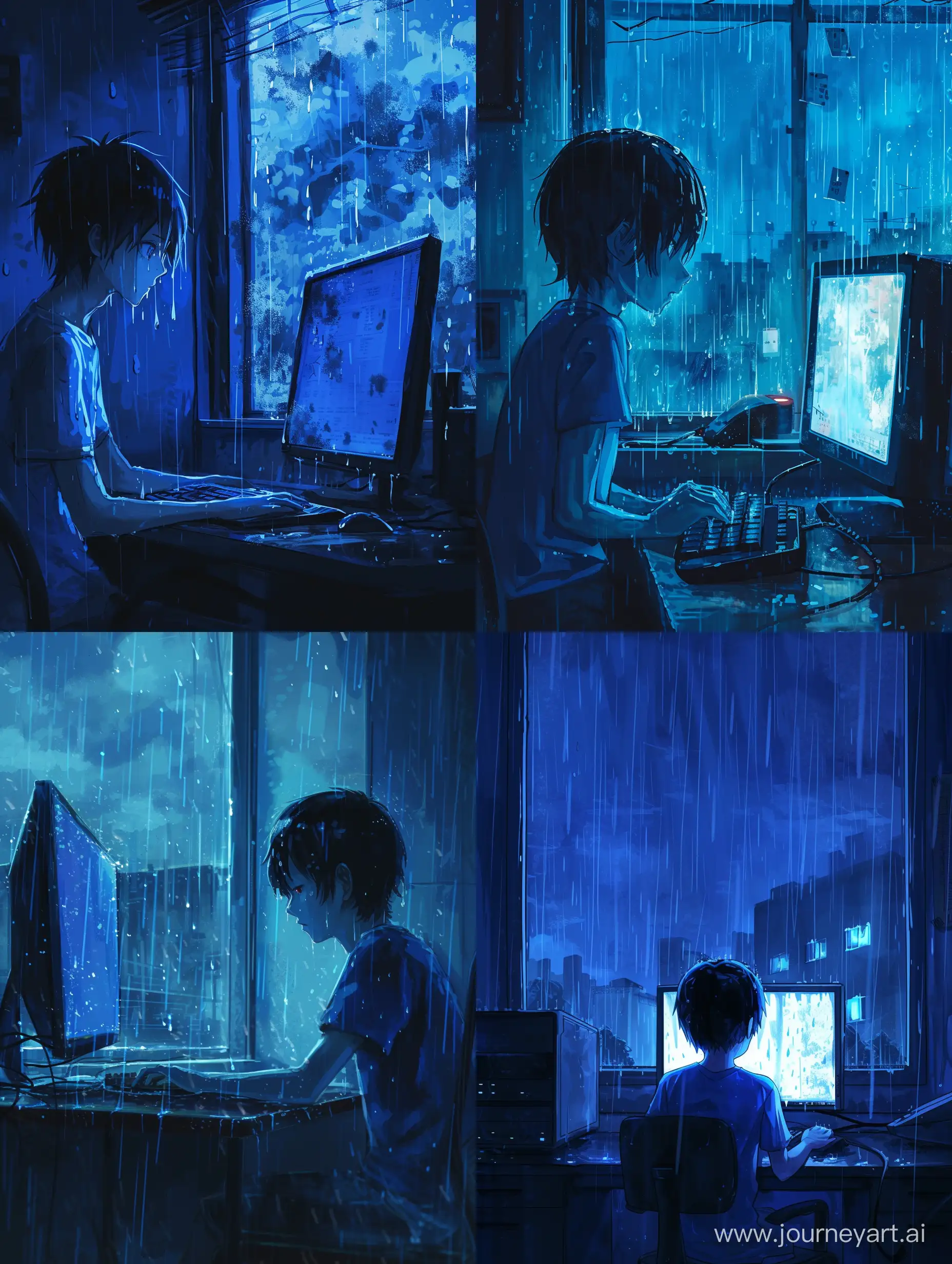 anime style, boy 16 years old and computer, despair, rain outside the window, blue tones, dark room.