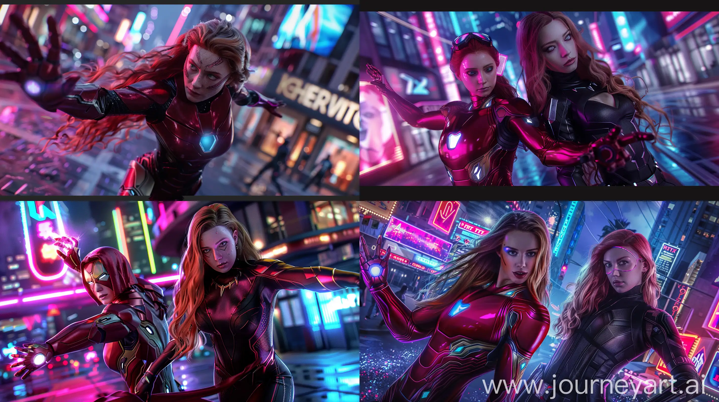 Posing Scarlet Witch Iron man mix and Black Widow black panther mix hyperrealistic rtx. A futuristic neon city at the background. --ar 16:9