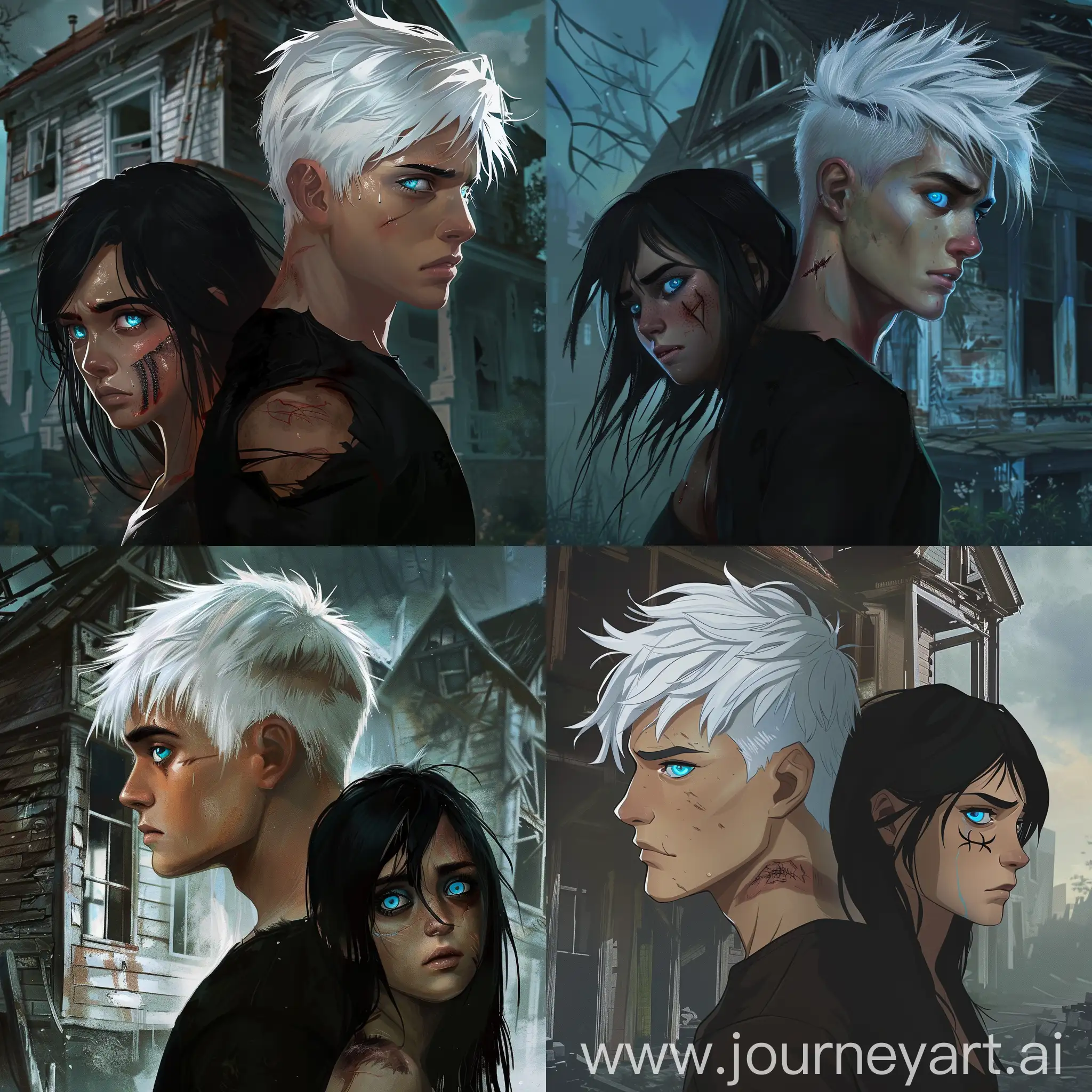 A tall young man with white hair and bright blue eyes, with a shaved nape. He stands against the background of an abandoned house with his back to a girl with black hair and a scar on her face. the girl is crying. she is much shorter than a man. The man is tall. hd, dramatic lighting, detailed