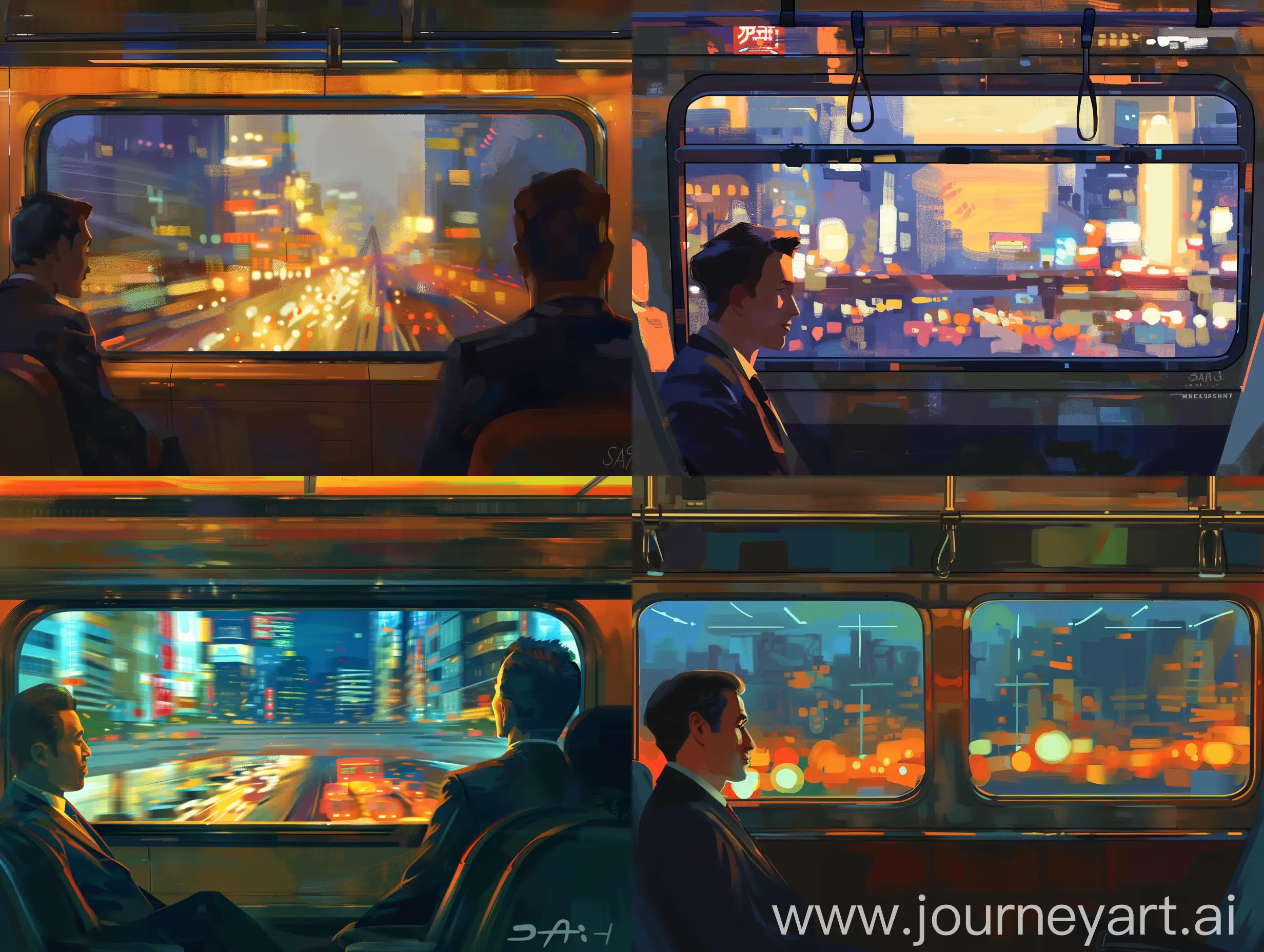 Train car in  evening colors. In the center of the composition is a large window of the car, behind which you can see a blurred cityscape in the evening lights. A man in a suit is sitting to the left of the window, looking out the window with a slight smile. SAI Masterpiece