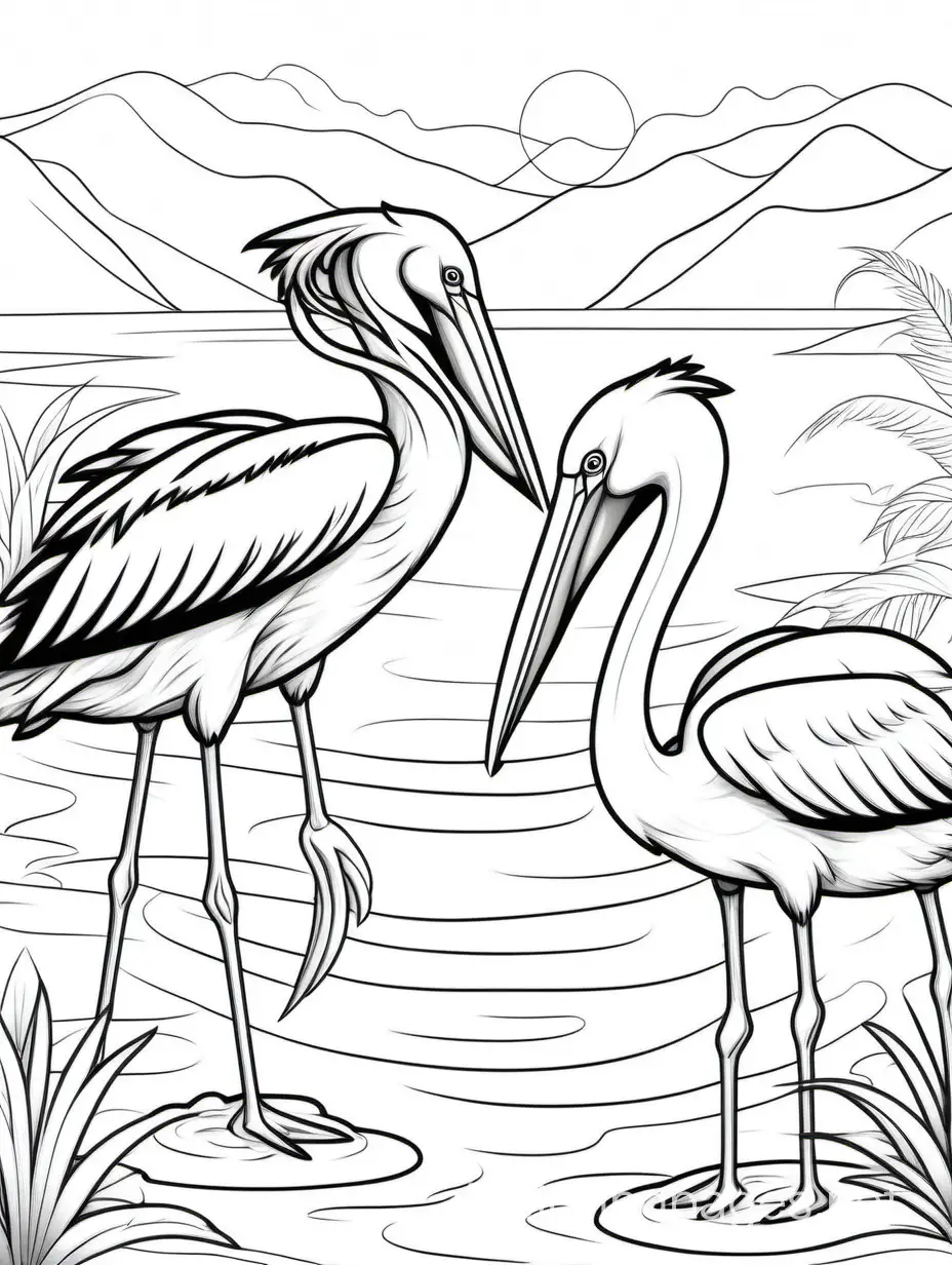 Pelicans with flamingos in water , Coloring Page, black and white, line art, white background, Simplicity, Ample White Space. The background of the coloring page is plain white to make it easy for young children to color within the lines. The outlines of all the subjects are easy to distinguish, making it simple for kids to color without too much difficulty
