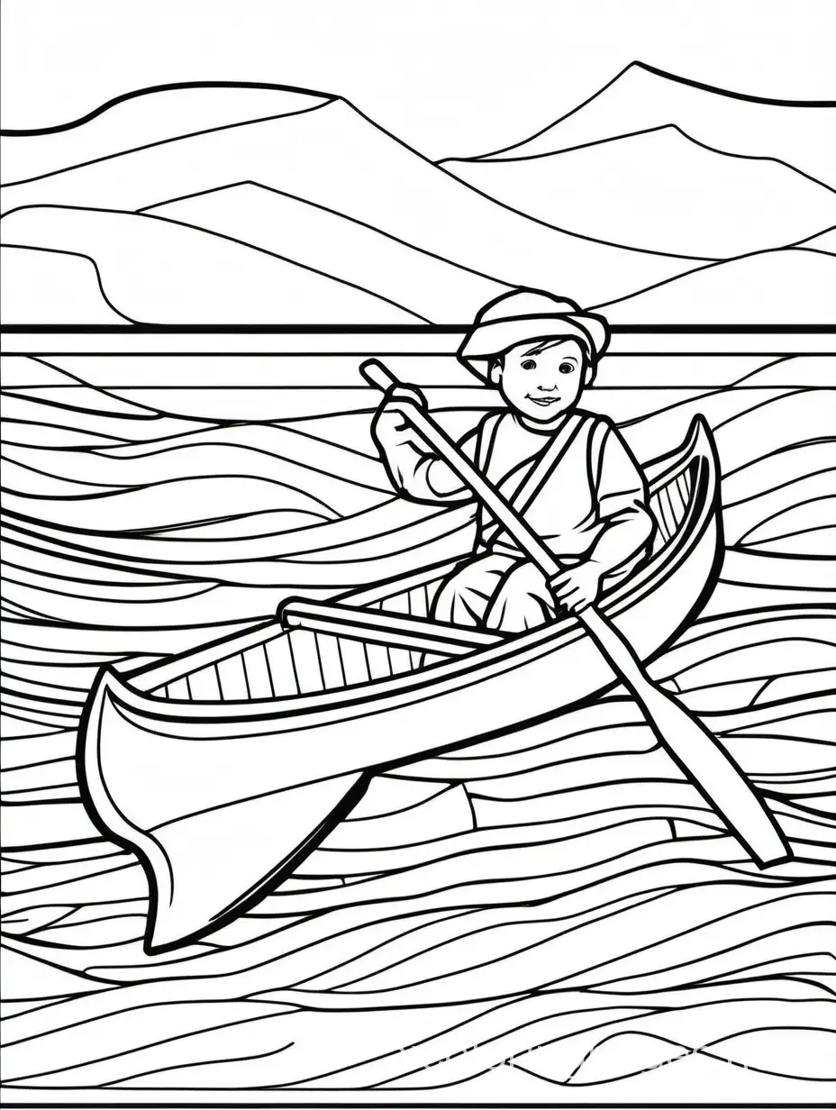 voyage canoe  .The background of the coloring page is plain white to make it easy for young and adult   to color within the lines. The outlines of all the subjects are easy to distinguish, making it simple for kids to color without too much difficulty, Coloring Page, black and white, line art, white background, Simplicity, Ample White Space. The background of the coloring page is plain white to make it easy for young children to color within the lines. The outlines of all the subjects are easy to distinguish, making it simple for kids to color without too much difficulty