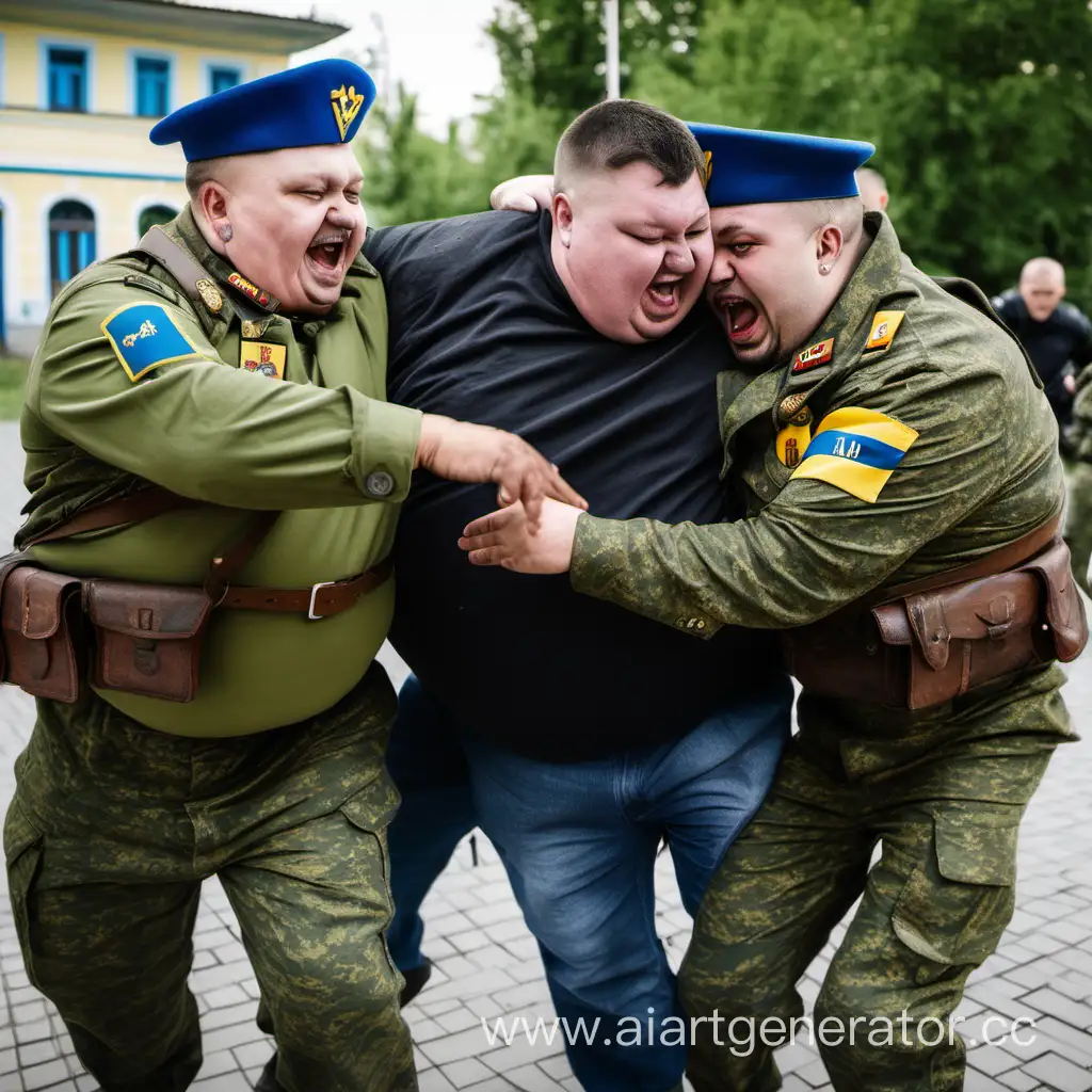 Два очень счастливых толстых участника Украинского ТЦК (военкомат), со знаками отличия украины, задерживают украинского призывника, который очень несчастен.