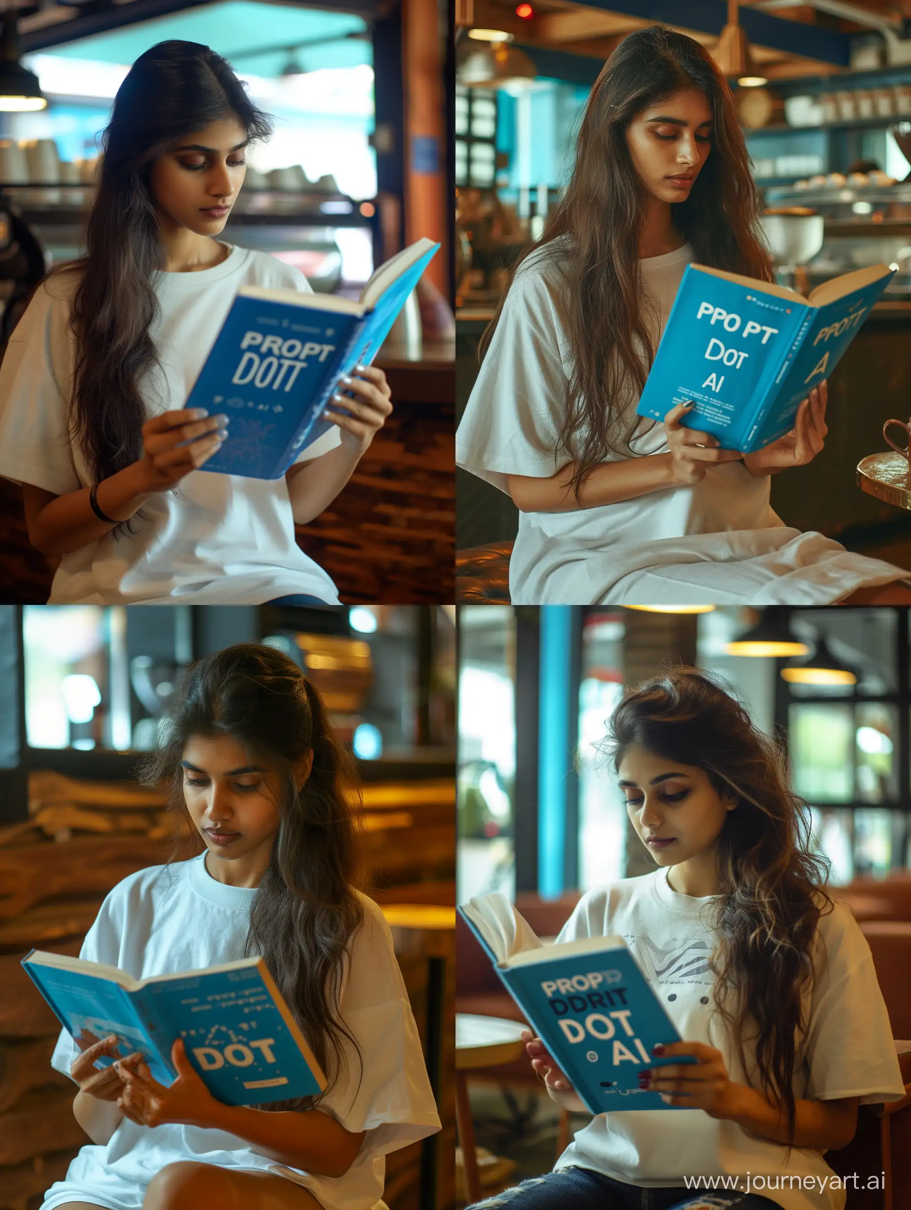 “a beautiful Indian lady with long hair sitting in a coffeeshop, wearing a white oversized t-shirt, reading a blue book with cover ‘Prompt DOT AI’, shot on Sony mirrorless.”