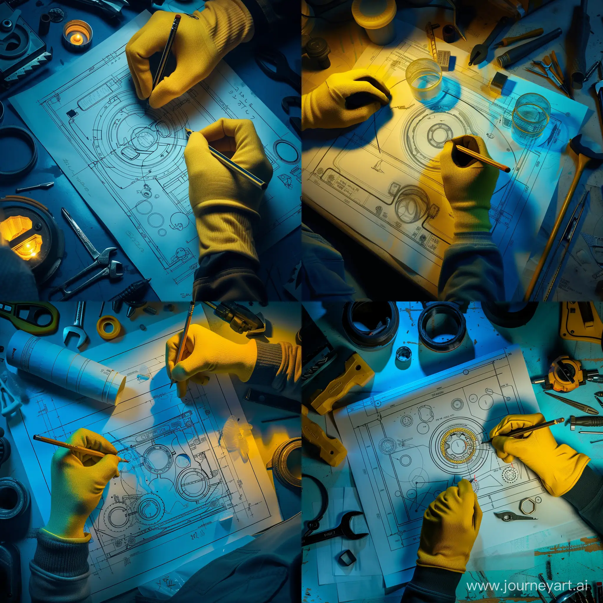 flatlay of a man drawing and designing car gasket on a blueprint with pencil, man wearing yellow gloves and there are some tools around corner of the picture. blue and yellow light. dark atmosphere.