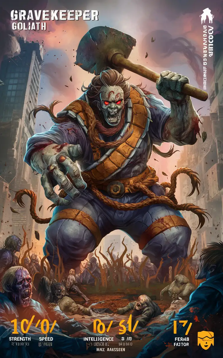 "Anime Zombie Apocalypse trading card featuring 'Gravekeeper Goliath' with stats like Strength: 10/10, Speed: 3/10, Intelligence: 8/10, Fear Factor: 10/10. Gravekeeper Goliath is a towering zombie boss wielding a massive shovel. With each swing, he summons undead minions from the earth, overwhelming his enemies with sheer numbers. Premium 14PT card stock, artwork by Mike "Nemo" Anderson, UHD visuals, chaos theme, marketed by 'Zombie Apocalypse network.'"