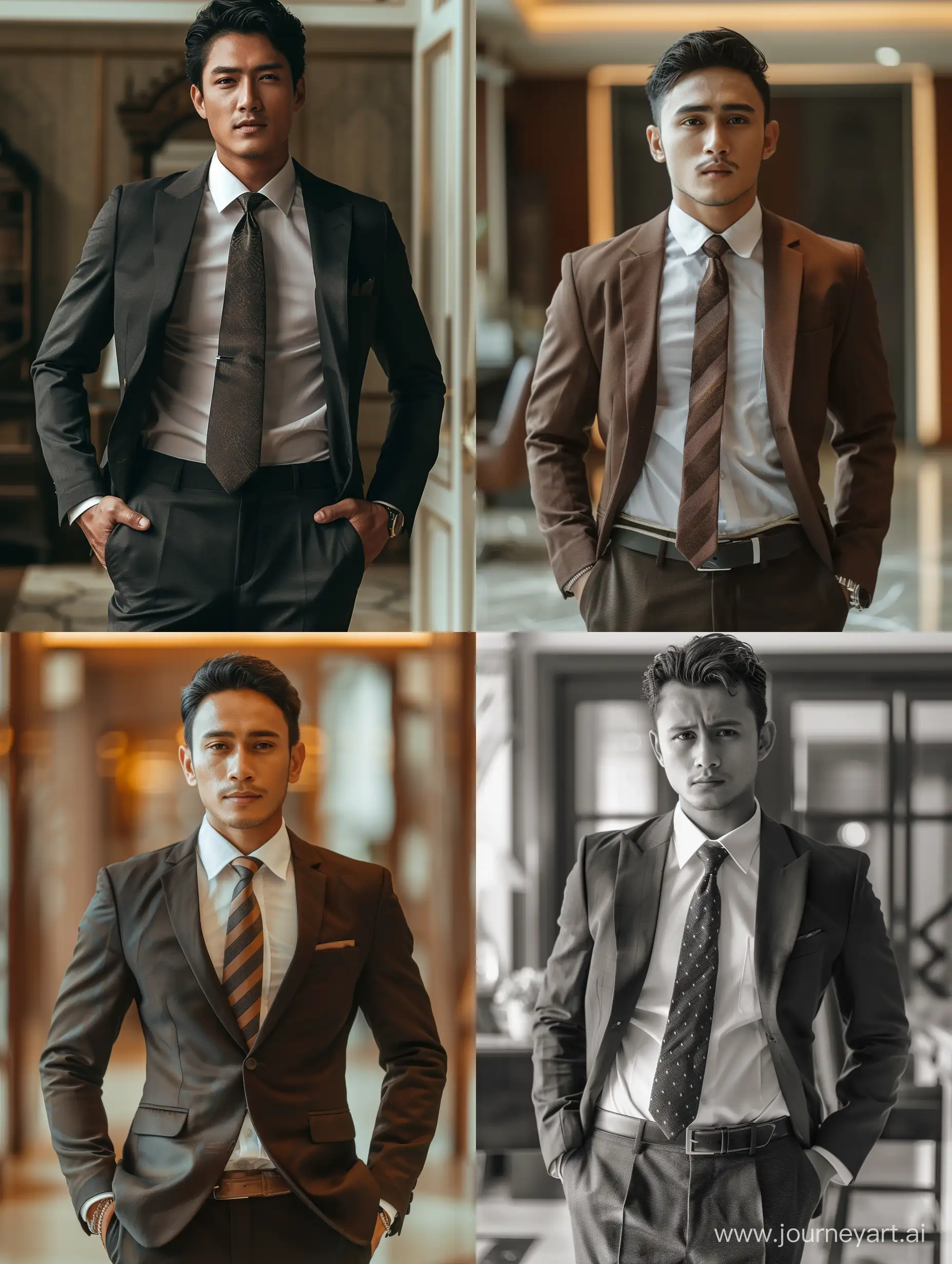 a 25 year old handsome Indonesian man wearing a suit and office tie complete with office trousers and shoes, ideal body, Indonesian skin, cool Indonesian hair, the handsome man is posing with his hands in his pockets. the man was in a luxurious office. Ultra HD, real photo, high detail, very sharp, 18mm lens, realistic, photography, Leica camera