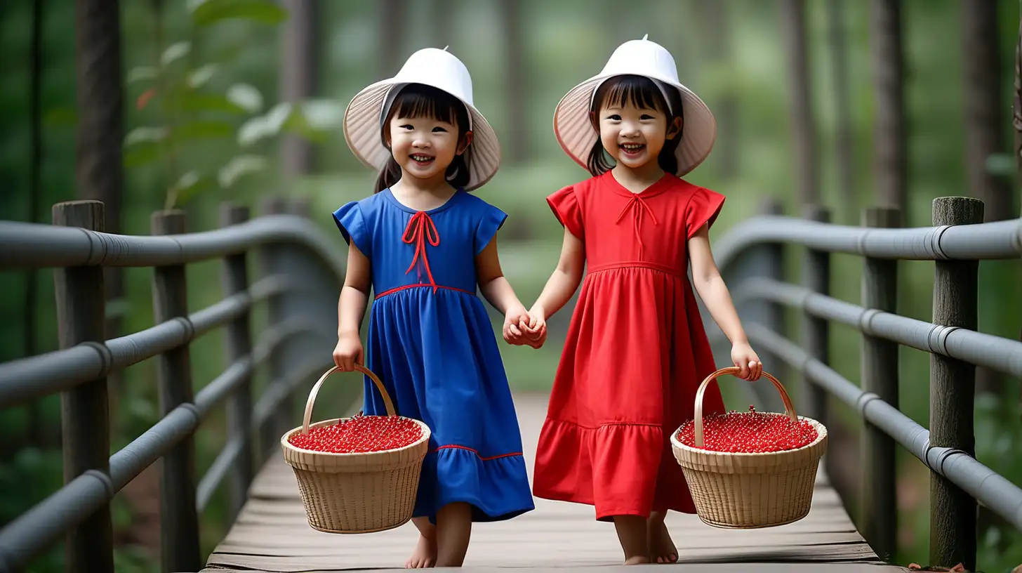 Эти 2 маленькие девочки- азиатки, одетые в красный и синий сарафаны, на голове у них  белые шляпы, в руках  обе несут по одной корзине, полных красных ягод, сейчас идут из леса по мостику к себе  домой,  обе очень счастливы