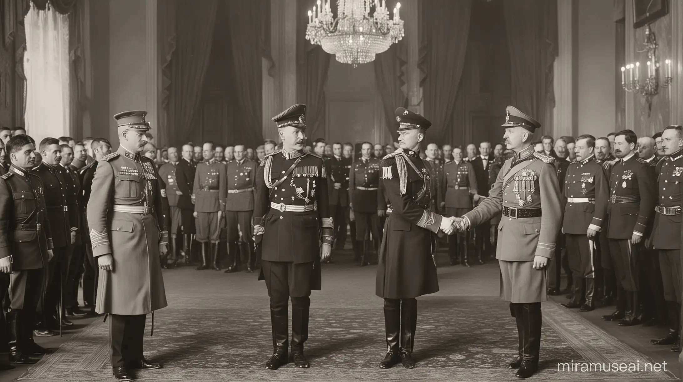 Oficial da Inglaterra apertando a mão de um comandante militar romeno em um salão luxuoso de reunião, fotografia de 1910