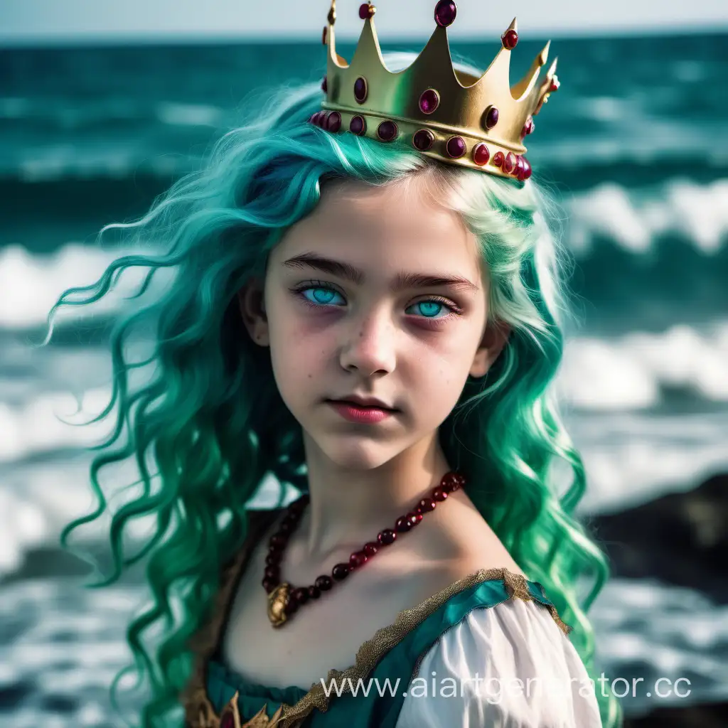 Девочка 13 лет с злобной хитрой ухмылкой, с зелёными волосами, голубыми глазами, в платье цвета морской волны, с золотой короной с рубинами на голове