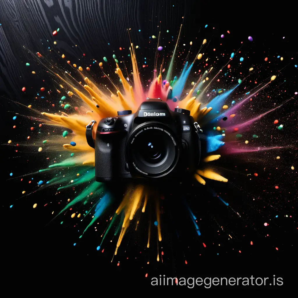 on a wooden desc with camera and burst of colorful particles scattered around, black background, three-quarters on the left view, flat lay