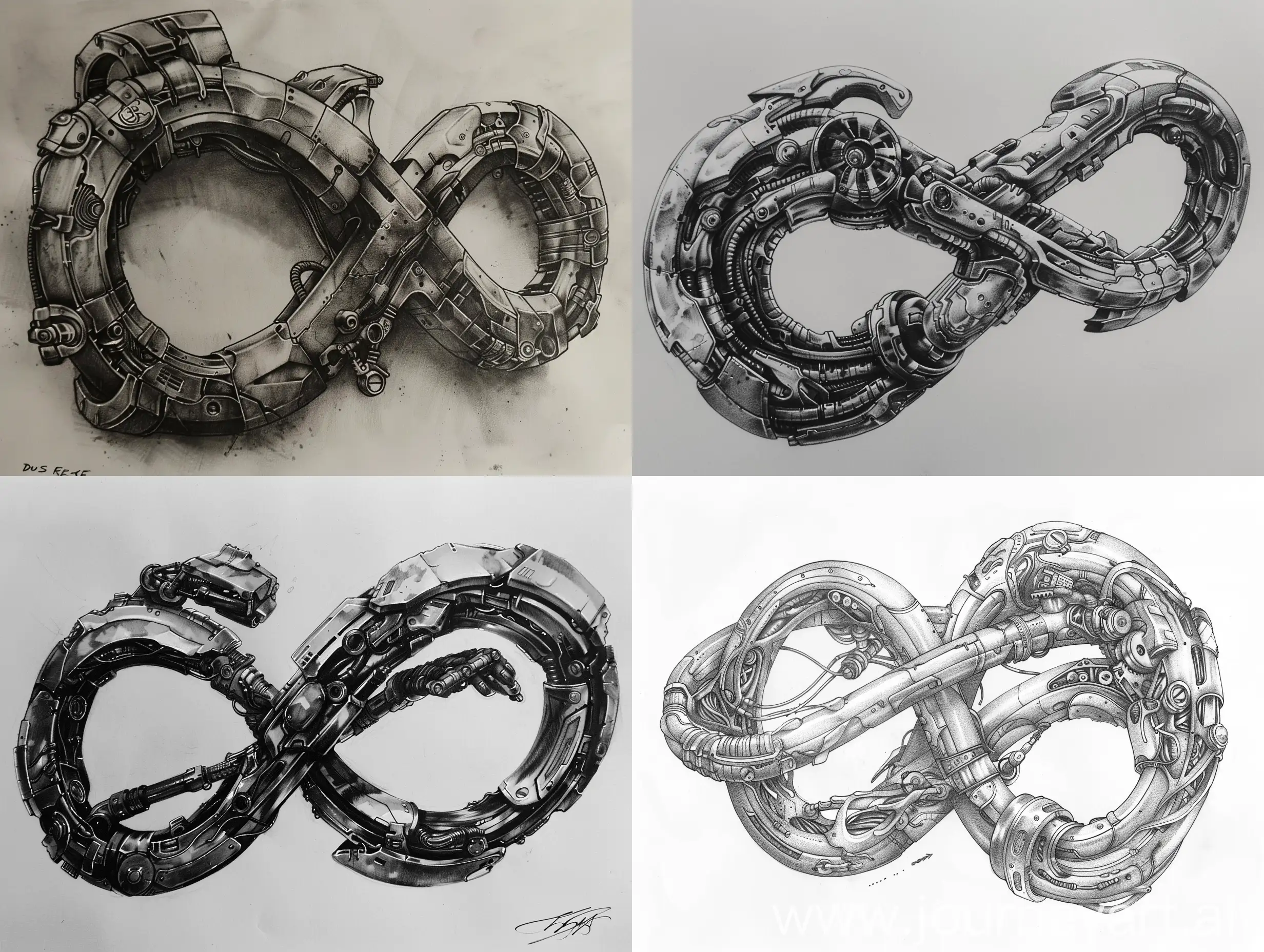 Tattoo sketch, black and white style, mechanical style, infinity, deus ex human revolution , steampunk 