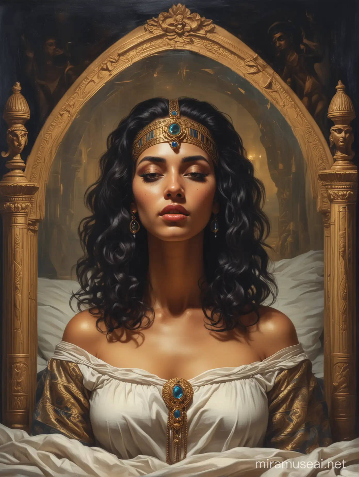 Double exposure The worries that keep you awake at night, until you give in and welcome your sleep paralysis demon, with Beautiful Egyptian woman, oil painting, Baroque style