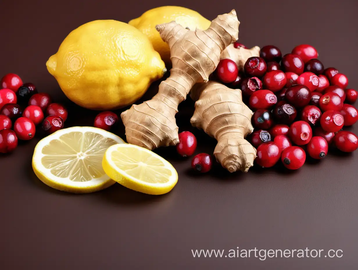 ginger, lemon, cranberry lie on the table