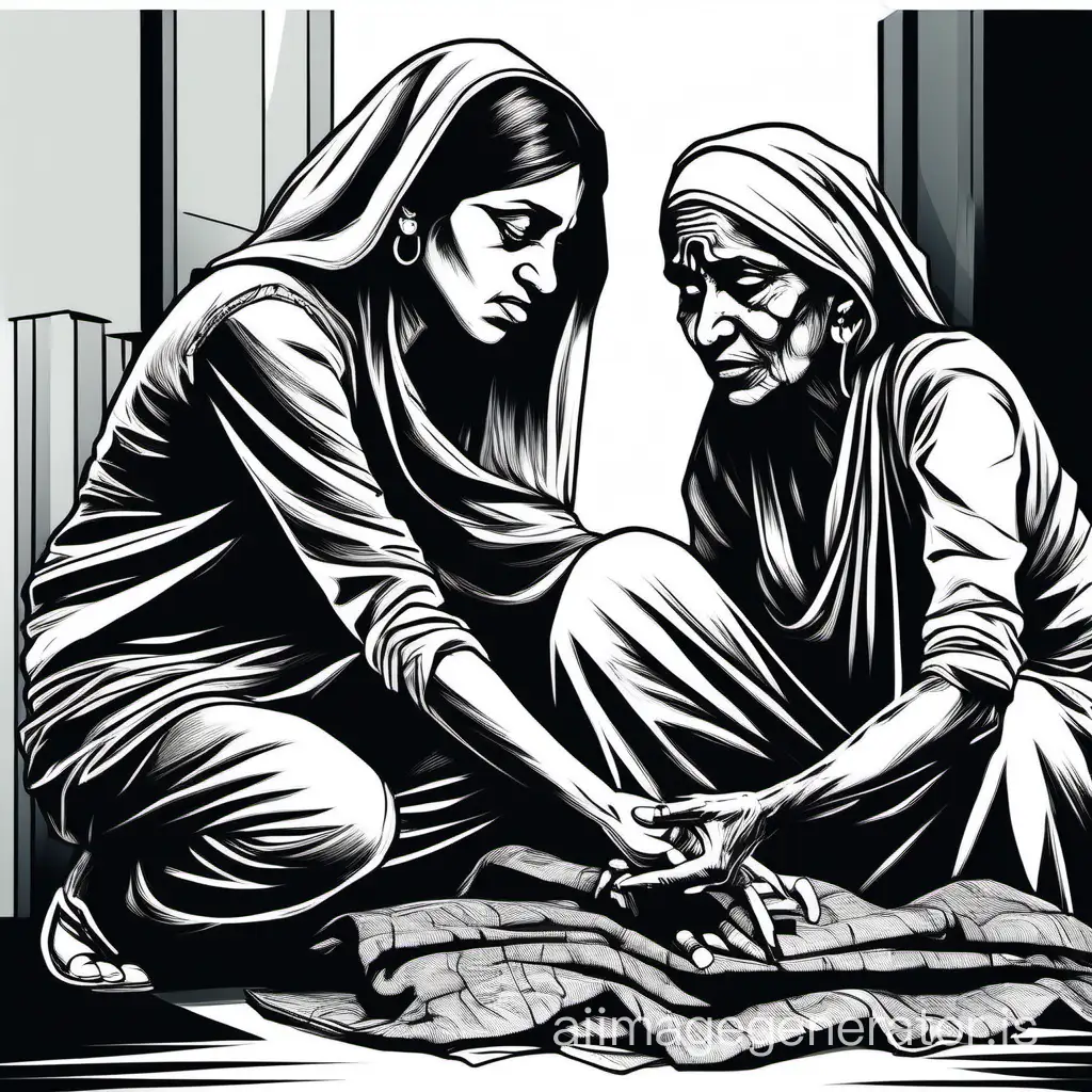woman helping homeless woman, vector graphics, high contrast, black and white solid colours, sharp lines, black and white only, print, young indian face, 