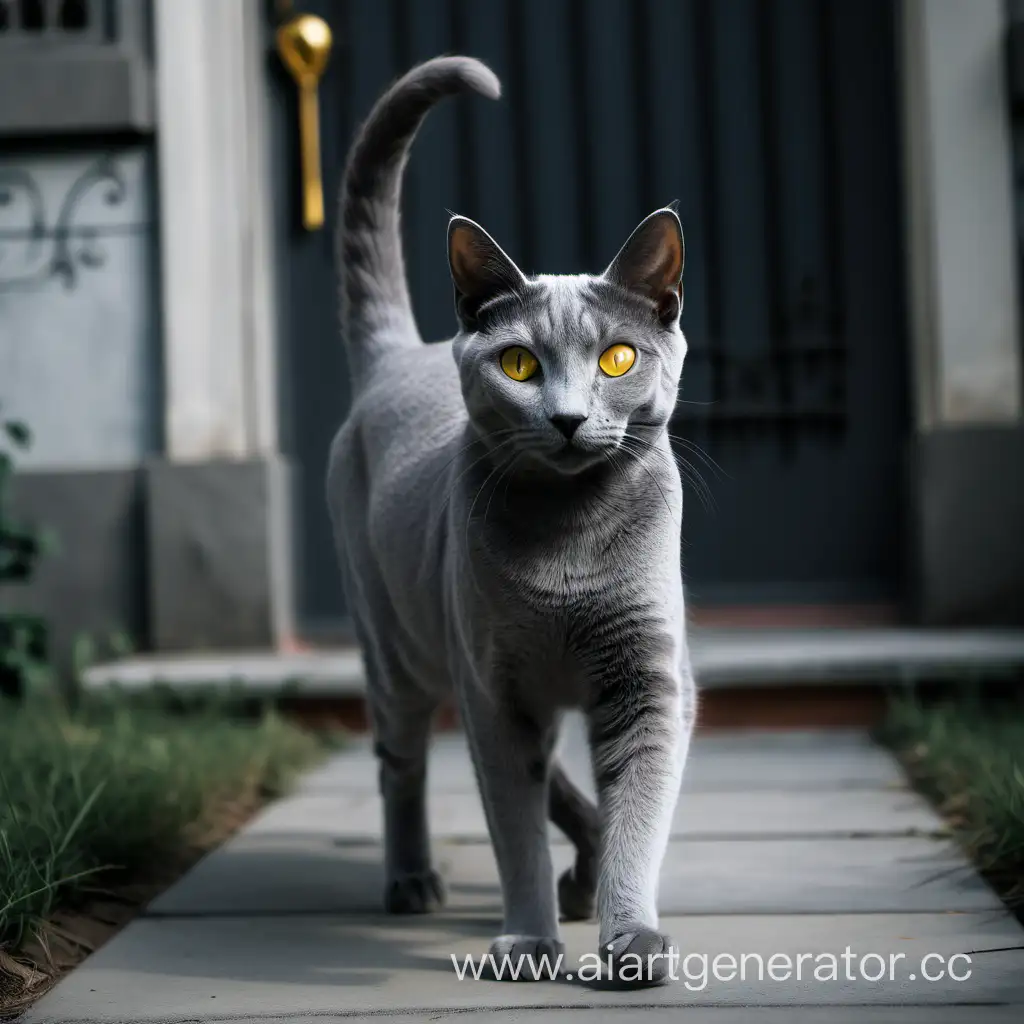 серый кот породы русский голубой с жёлтыми глазами и стоячими ушами прогуливается по готическому дому