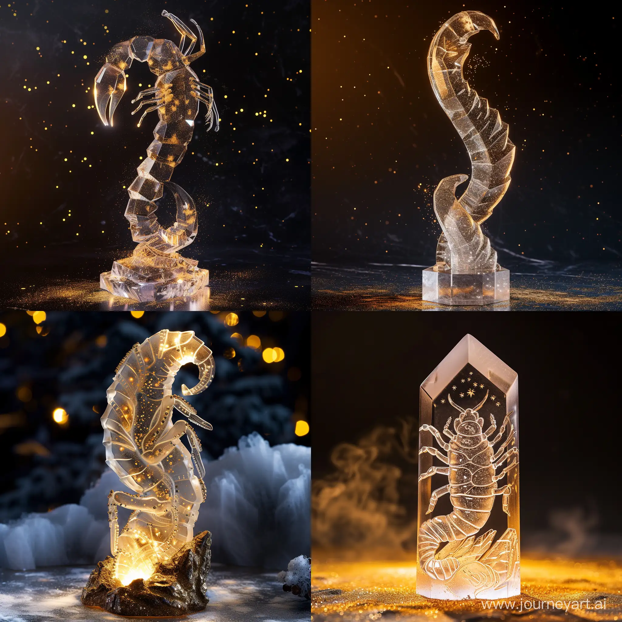 Full-length crystal statuette of the zodiac sign - [scorpio], beautiful night lighting, gold dust, high detail, realism, professional photo