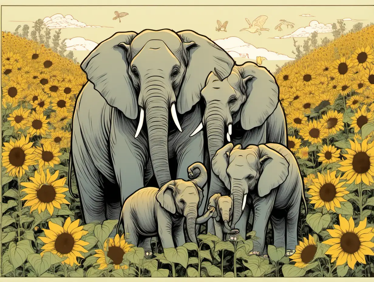 elephant's family | "/ imagine prompt: elephant's family, surrounded by sunflowers, various plant motifs including wildflowers, Ukiyo-e style--v5--ar16 : --q2"