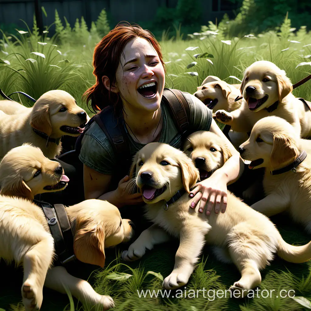 ellie from the last of us is laying in a grassy field being swarmed by a litter of golden retriever puppies. she is laughing on the puppies are licking her