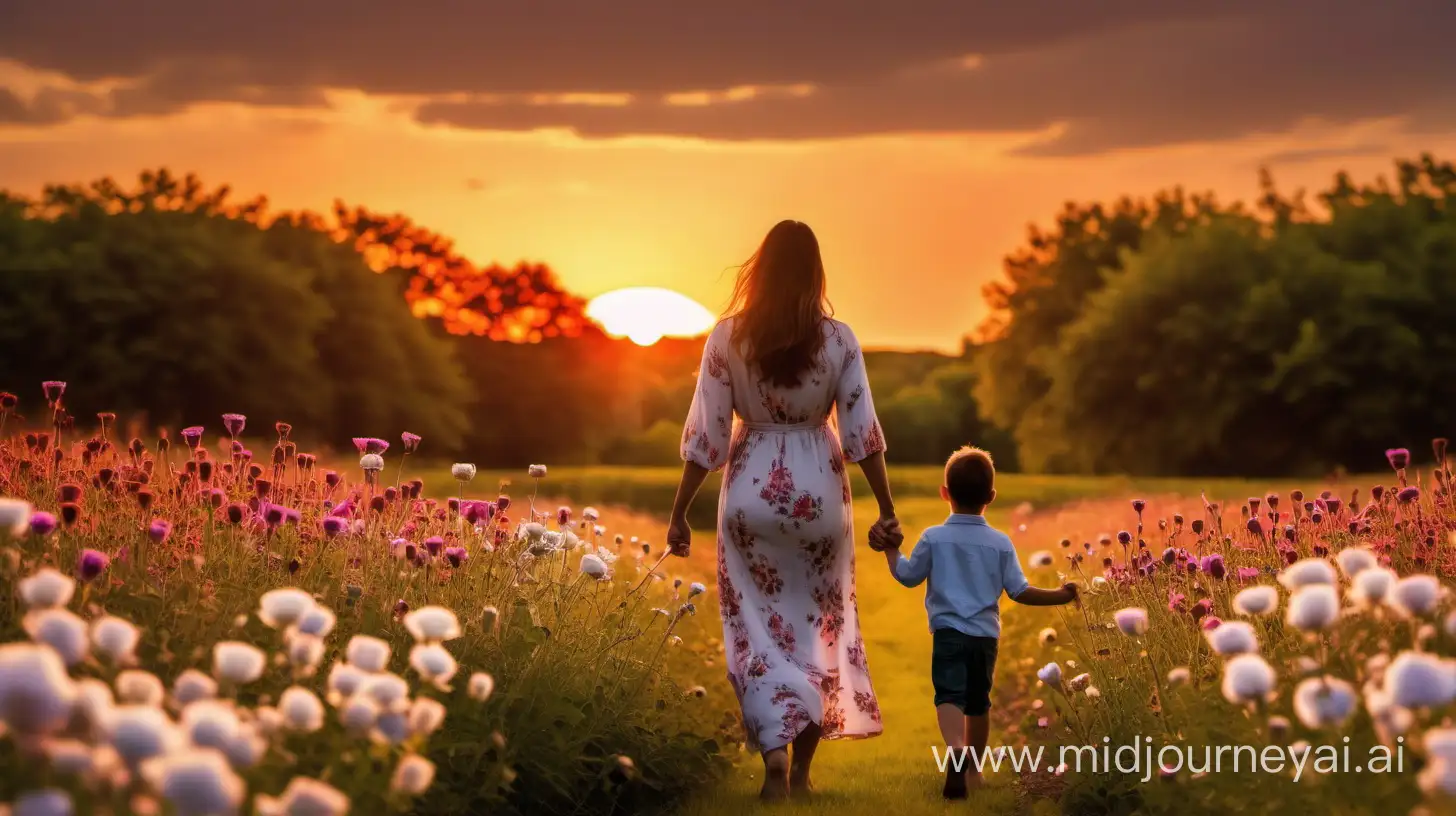 Un campo de flores con un cielo al atardecer y una madre y su hijo pequeño de espaldas caminando tomados de la mano