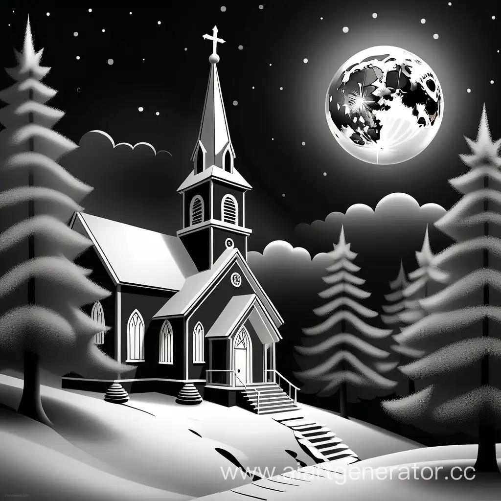 Magical-Christmas-Night-Black-and-White-Line-Art-Illustration