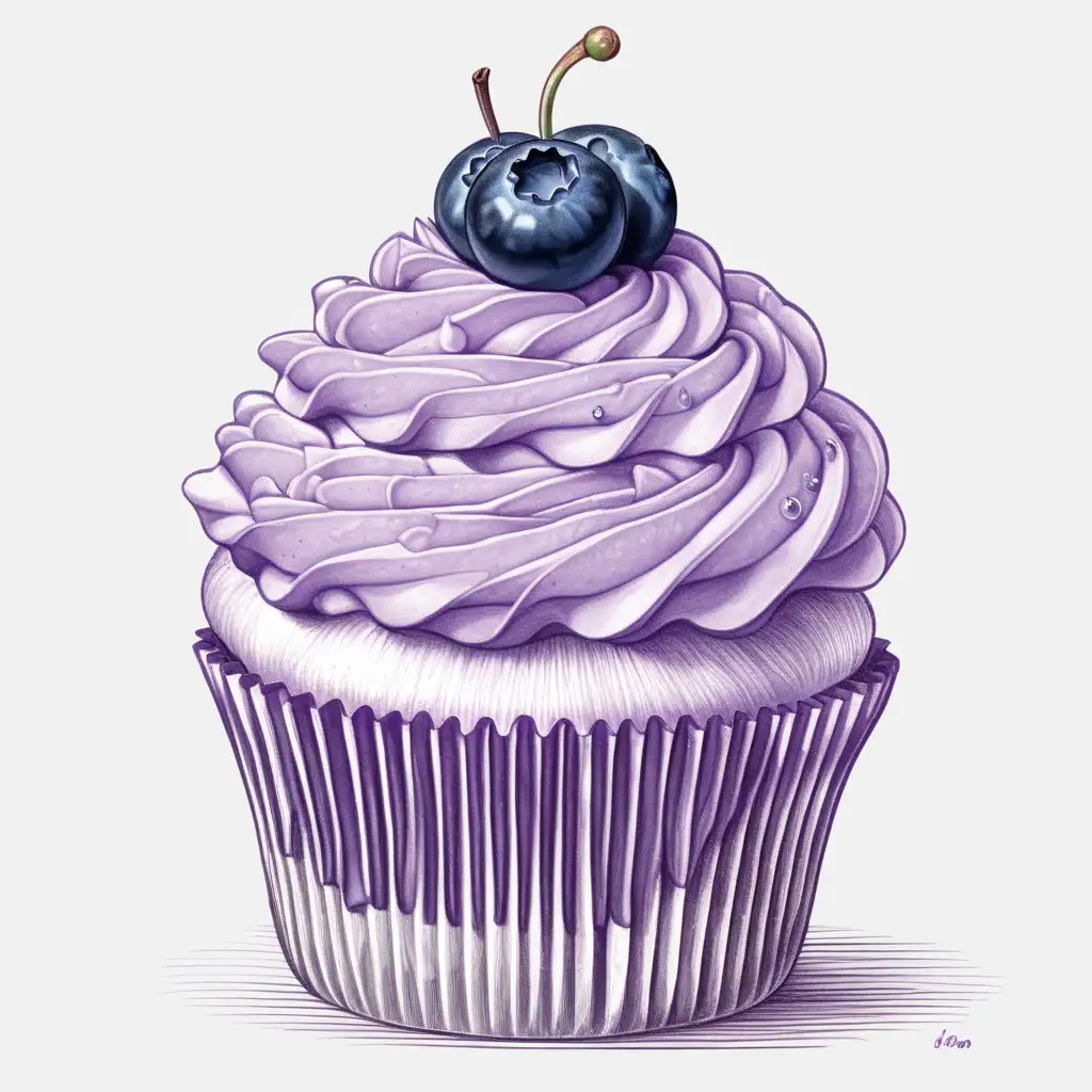 a line drawing of a cupcake with light purple frosting with a blueberry on top as like in the image provided.
