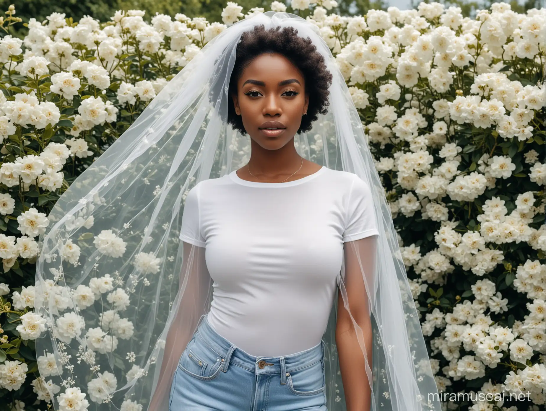 Create an image of a beautiful black women wearing a white tshirt and blue jeans. She is wearing a wedding veil. She is surrounded by white flowers