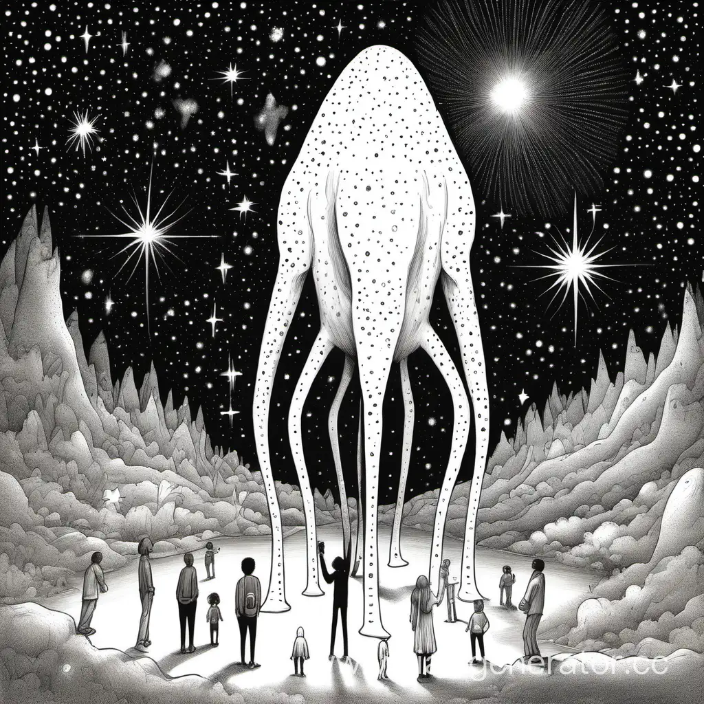 Рисунок где белое высокое существо показывает людям на звезды