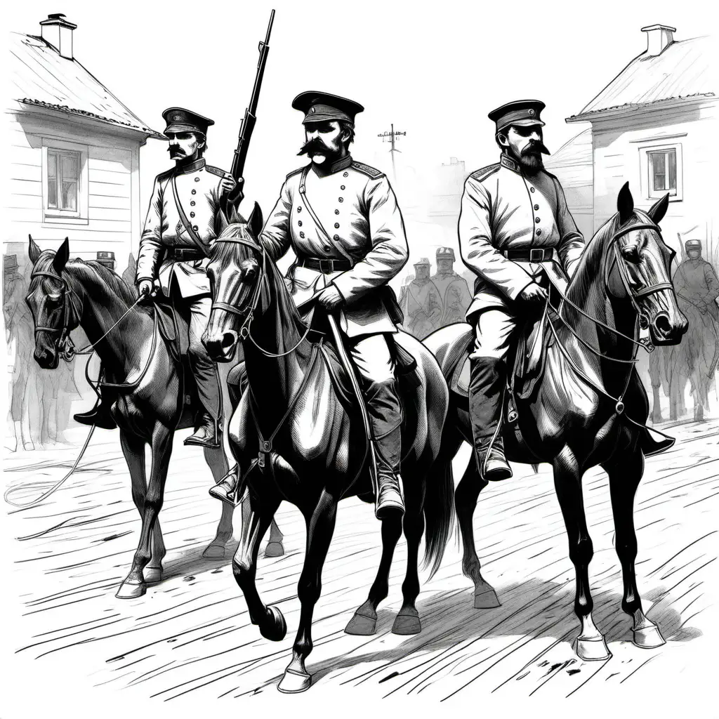 two russian empiry cavalry dragoons on horses captures and arrests one rebel man, revolution of 1905, in small Latvian town, black and white line art minimalistic sketch