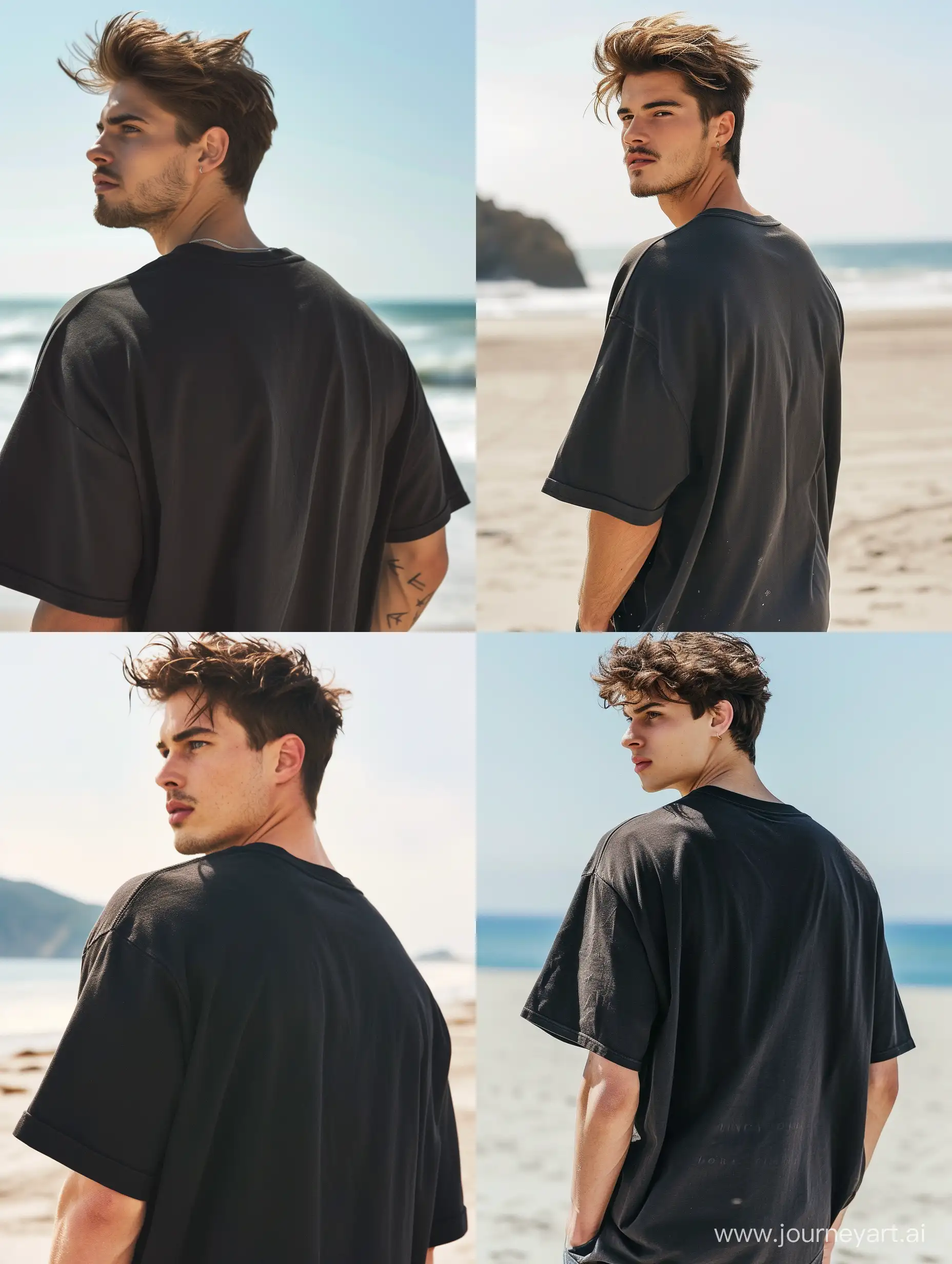 Athletic-Young-Man-in-Oversized-Black-Tshirt-on-Beach