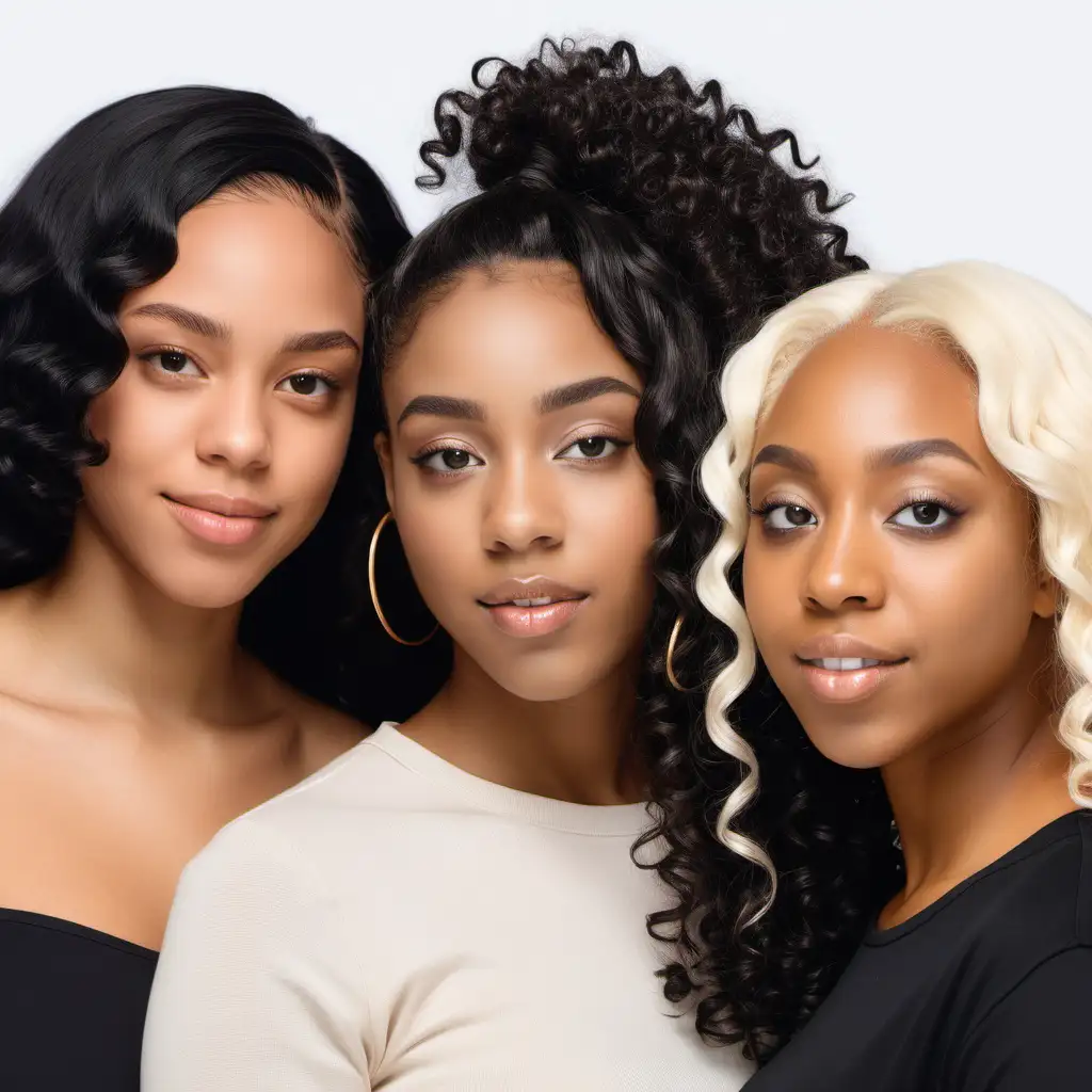 3 black women in their mid 20s in front of a white backdrop: the first black woman has 18" jet black straight hair, the second black woman has platinum blonde curly hair, the third black woman has a light brown colored body wave textured hair