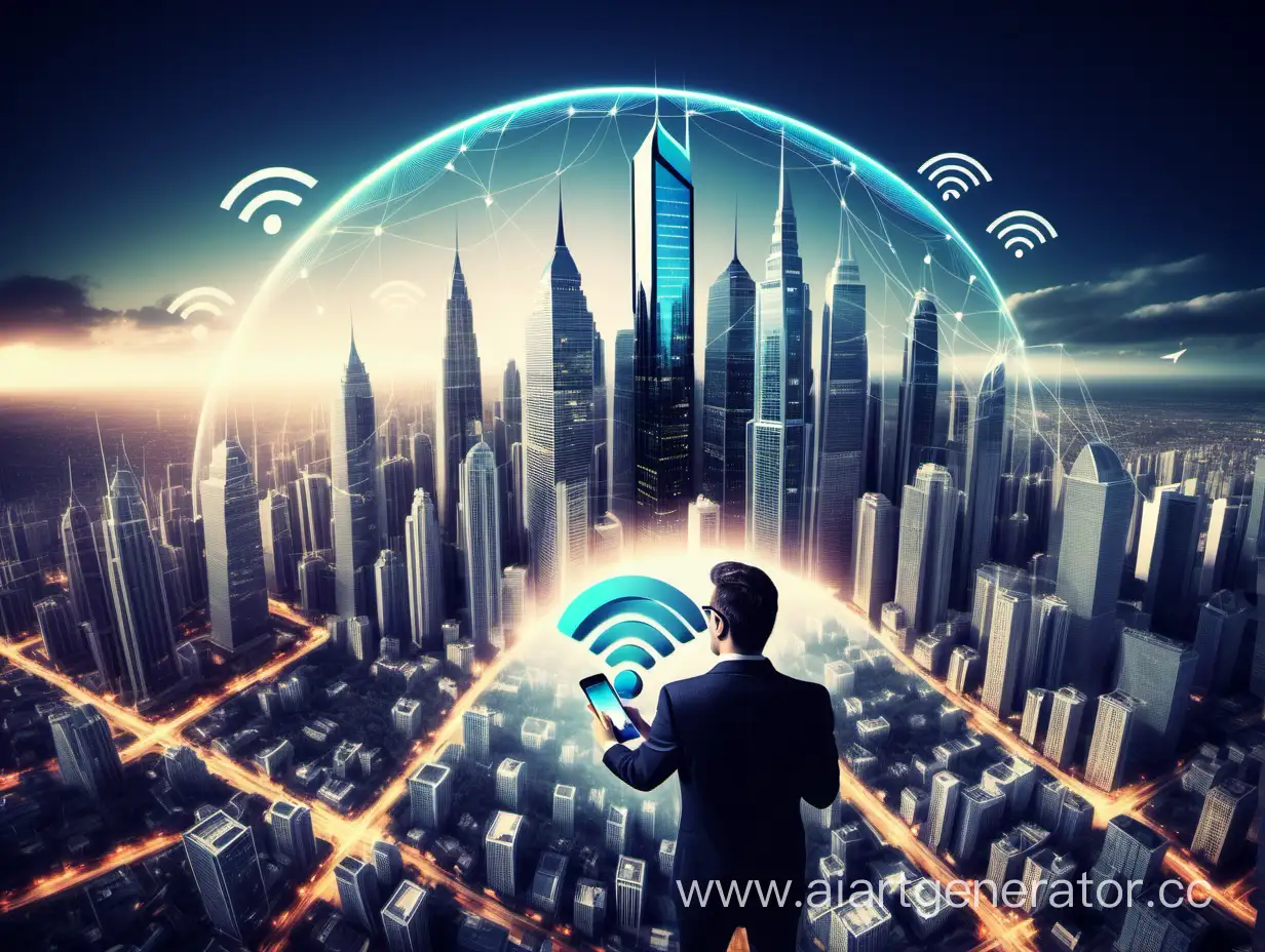 future internet, man, computer, smartphone, wi-fi bright picture, city high-rise buildings, skyscrapers, city internet, internet provider