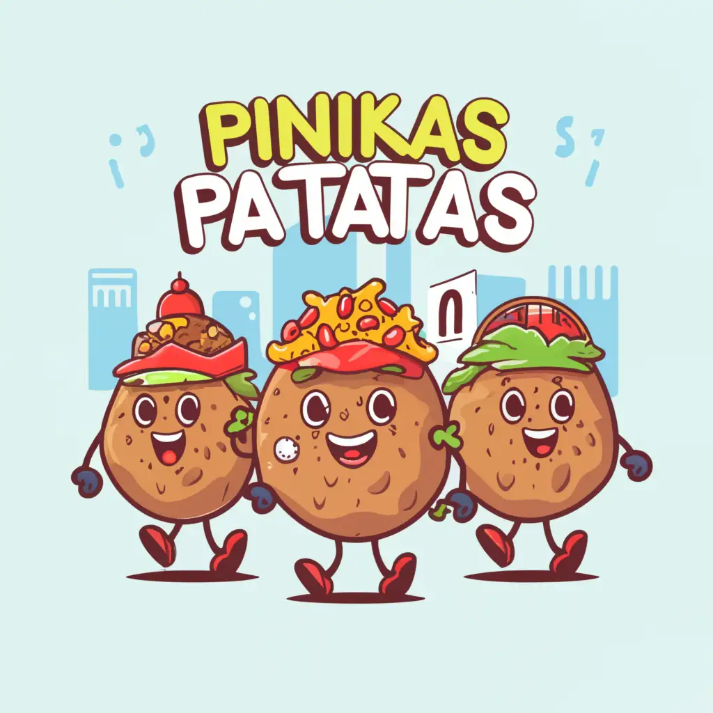 a logo design,with the text "Pinikas Patatas", main symbol:loaded baked potatoes running to catch their bus,complex,be used in Restaurant industry,clear background