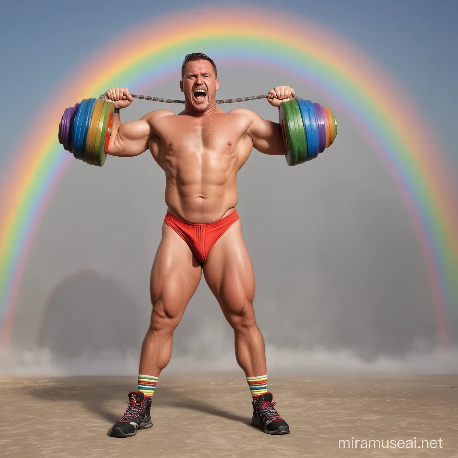 Topless 30s Ultra Muscular World's Strongest Man doing excise with Big Bright Rainbow Coloured Heavy Weights