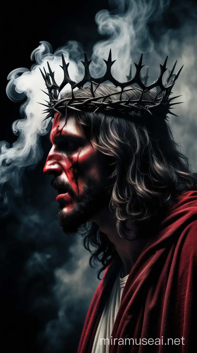 Jesucristo de perfil,sangrando por la boca,corona de espino,ojos vacíos,terror,oscuridad,satanismo,realista,texturas,colores grises y rojos,fondo cuervos,humo
