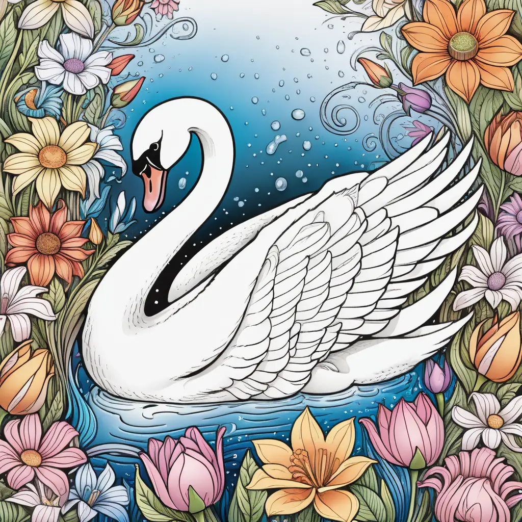 Elegant Swan Surrounded by Vibrant Flowers Stunning Colored Page Art