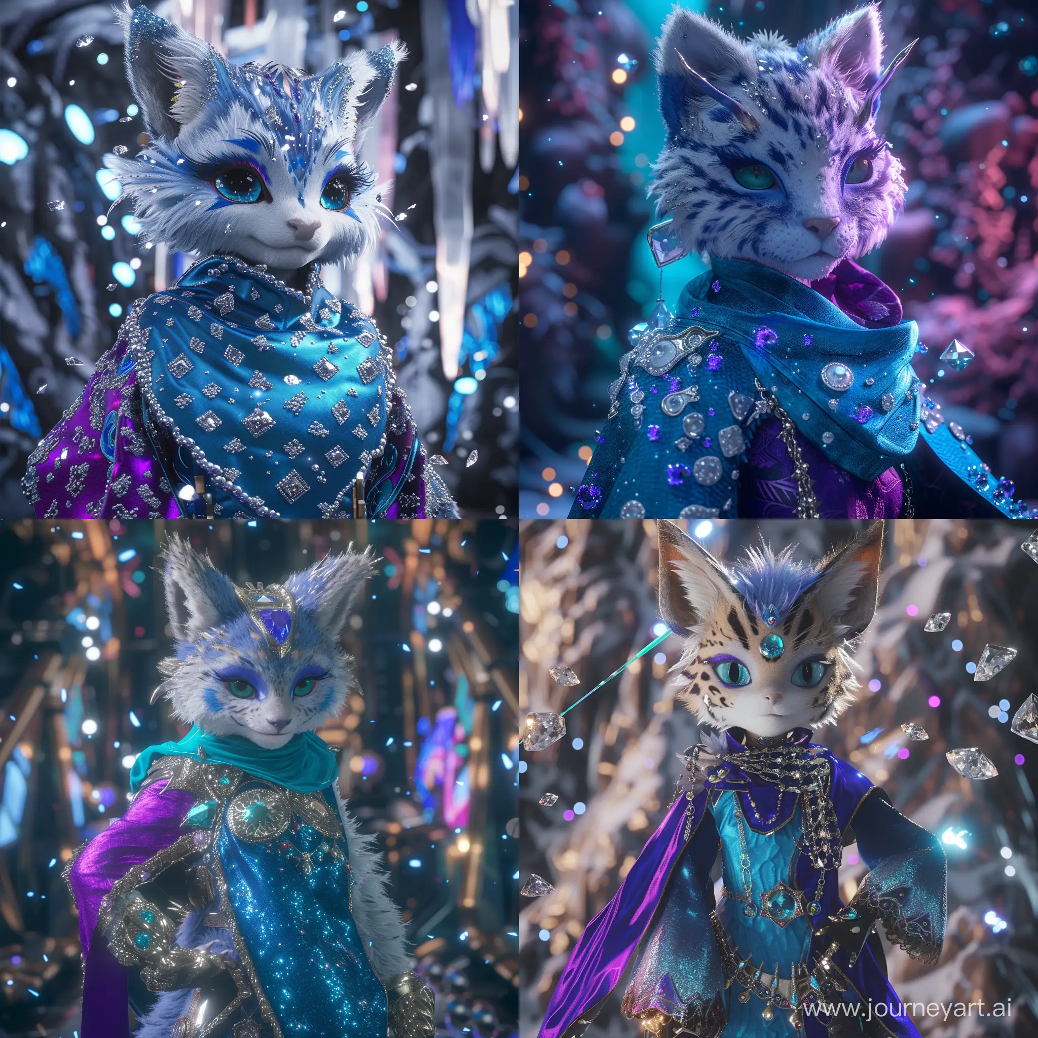 Place your futuristic furry kemono ocelot magical girl in a mesmerizing Unreal Engine 5 environment. Create a background that complements her blue and purple rarity cloth, incorporating magical elements and futuristic aesthetics. Ensure the lighting enhances the sparkle of diamonds and brings out the vibrancy of her fur. Use the engine's capabilities to make the scene come alive, providing a captivating backdrop that complements the character's beauty and uniqueness.