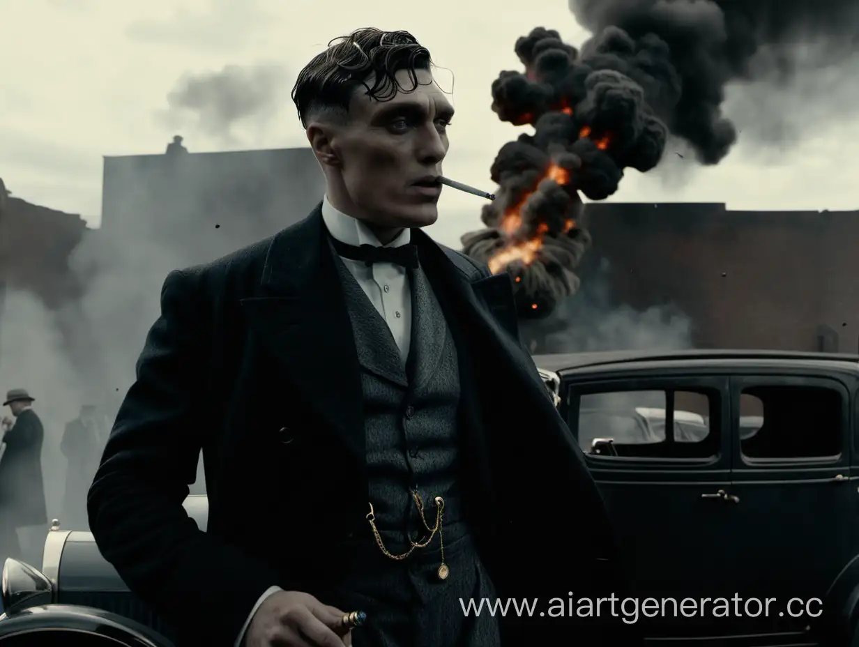 Thomas Shelby with short dreadlocks smokes a cigarette, a car is blown up in the back, everything is black and white
