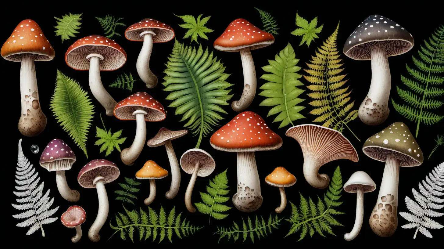 a variety of colorful mushrooms and green ferns on a black background