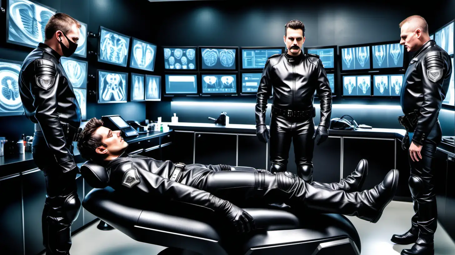 In a futuristic high tech medical research laboratory with large full wall monitors showing human bodies and brains, full body shot wide angle, a man in a all black one piece Dainese leather motorcycle suit is laying flat on his back on a medical exam table wearing a Oculus Virtual Reality Headset,  on each side of him are 2 police motorcycle officer each with a very handsome face wearing very skin tight black rubber uniforms, tight black leather police motorcycle boots and skin tight leather police motorcycle jacket look down on the man preparing to turn him into a motor officer, highly detailed, epic reality, photorealistic, 8k resolution